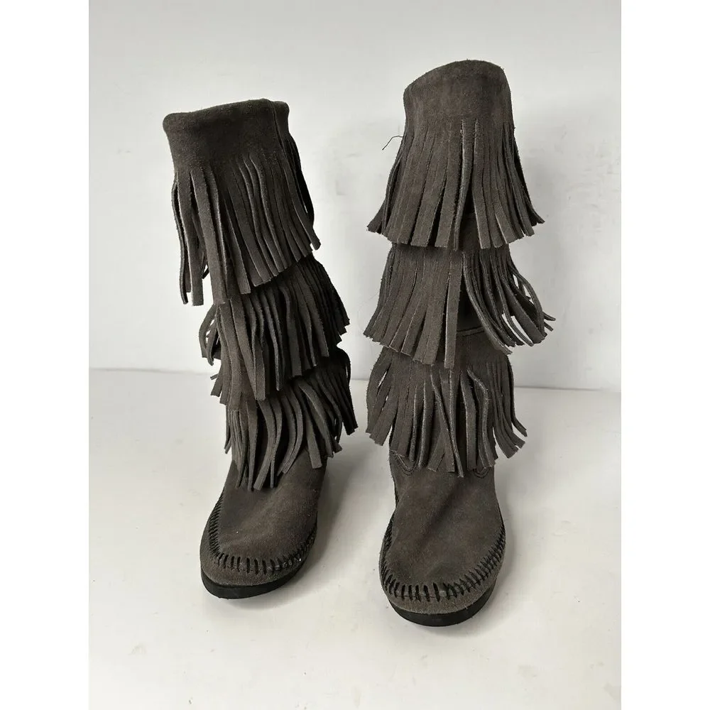 Minnetonka‎ Moccasins 1631T Sz 5 Womens 3 Layer Fringe Calf High Boot Grey Suede